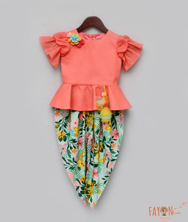 Peach Cotton Printed Dhoti Set with Peplum Top for Girls