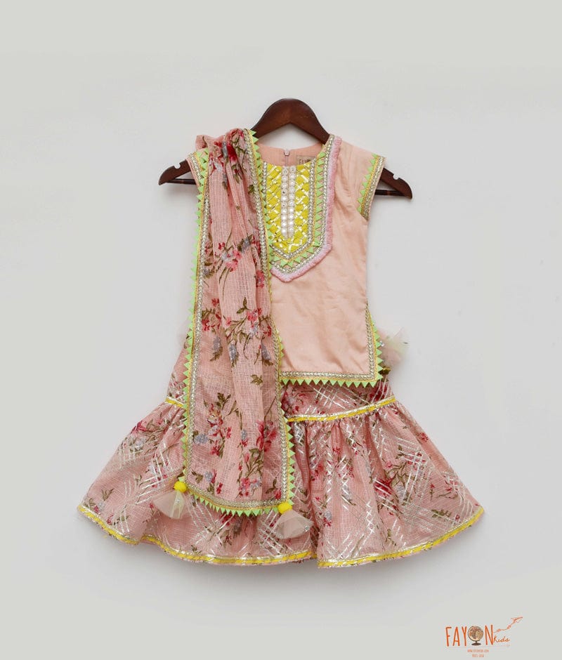 Peach Cotton Silk Kotta Print Sharara with Kurti Printed Kotta Dupatta for Girls