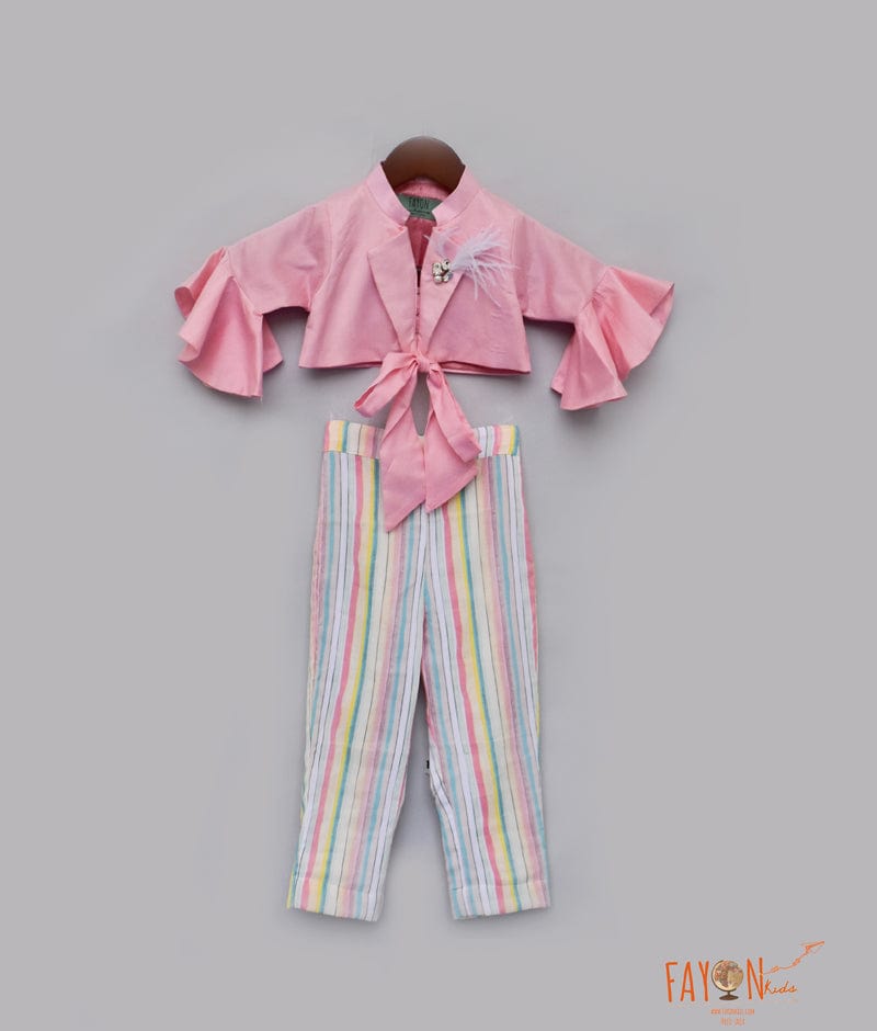 Peach Cotton Silk Top with Stripe Pants for Girls