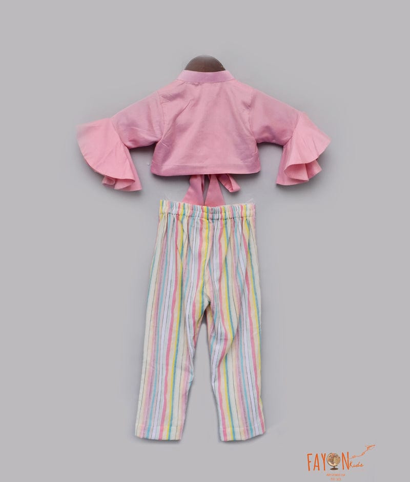 Peach Cotton Silk Top with Stripe Pants for Girls