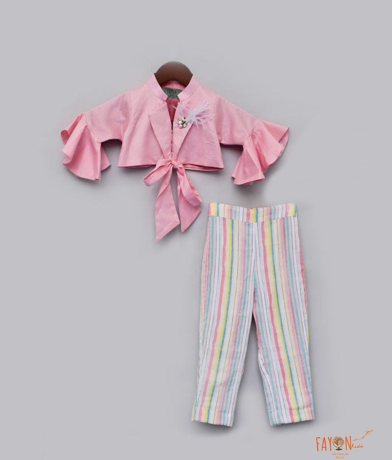 Peach Cotton Silk Top with Stripe Pants for Girls