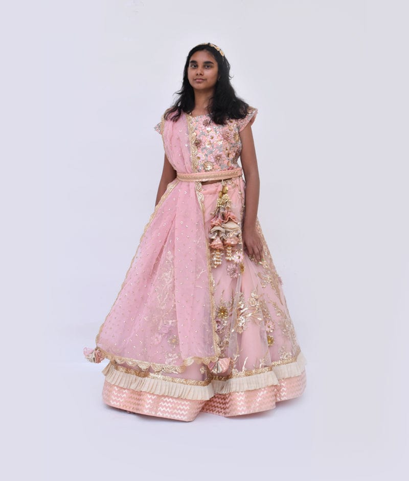Peach Embroidery Lehenga Choli and Dupatta for Girls
