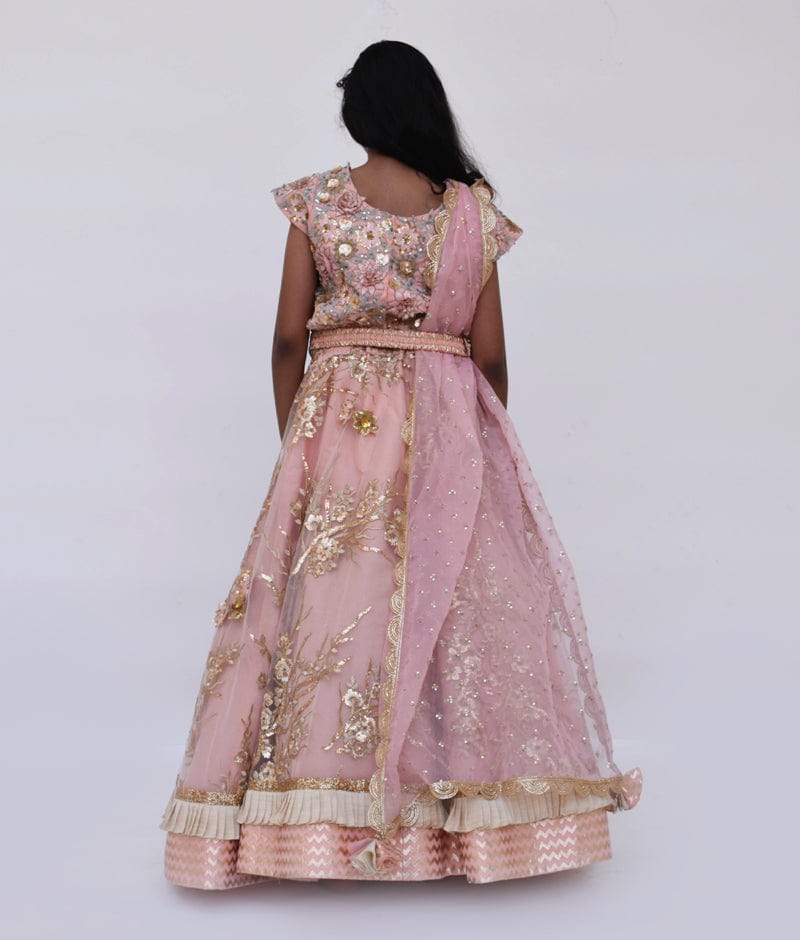 Peach Embroidery Lehenga Choli and Dupatta for Girls