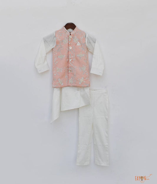 Peach Embroidery Nehru Jacket with Kurta Pant for Boys
