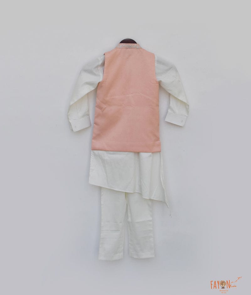 Peach Embroidery Nehru Jacket with Kurta Pant for Boys