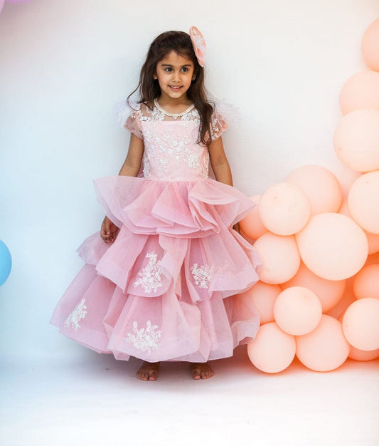 Peach Embroidery Net Gown for Girls