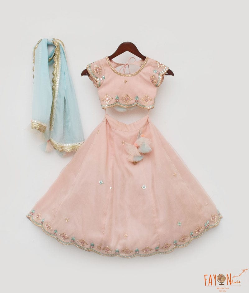 Peach Embroidery Organza Lehenga Choli and Blue Dupatta for Girls