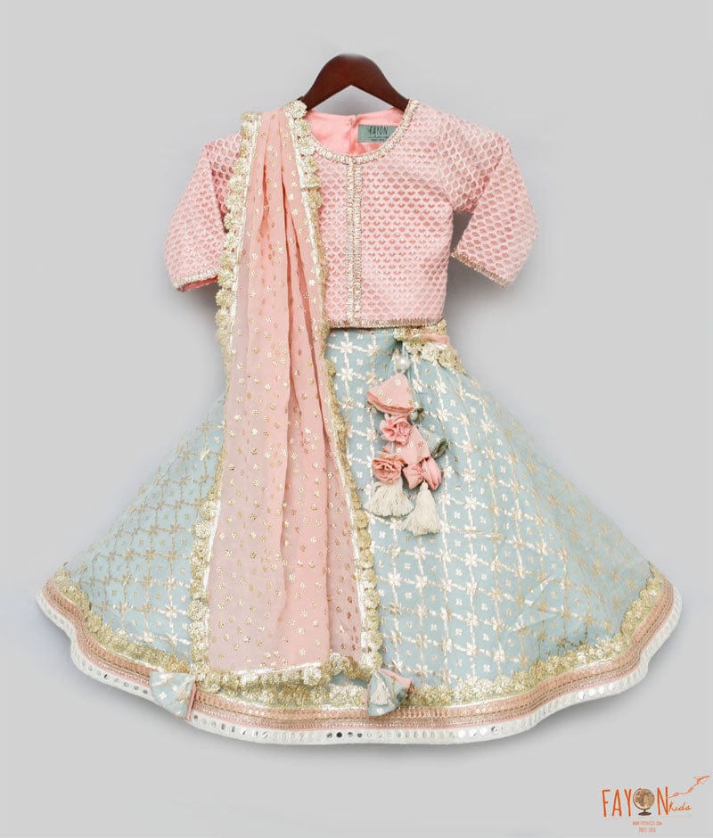 Peach Embroidery Pastel Blue Chanderi Lehenga with Choli Chinnon Dupatta for Girls