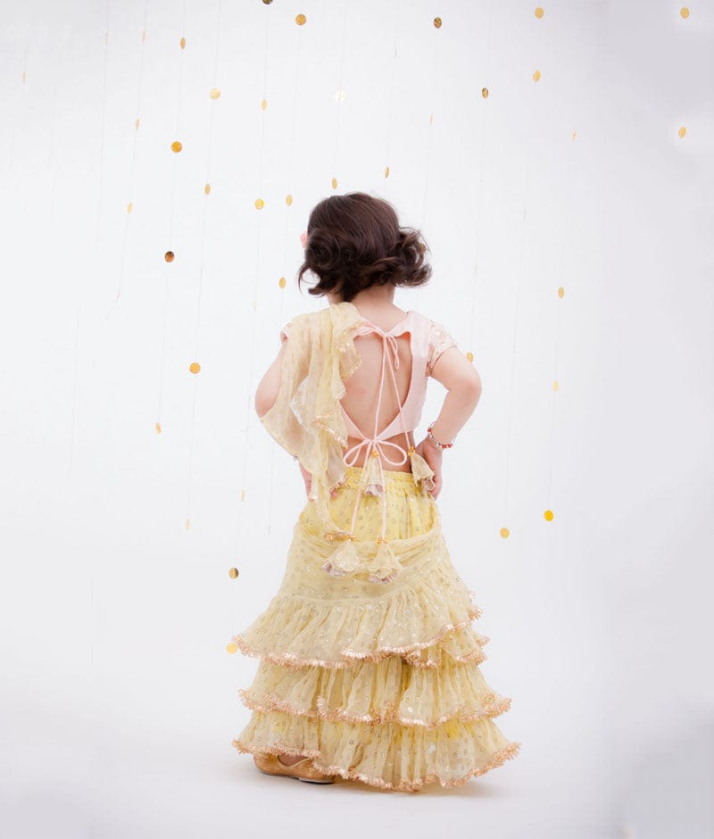Peach Embroidery Yellow Chiffon Saree for Girls