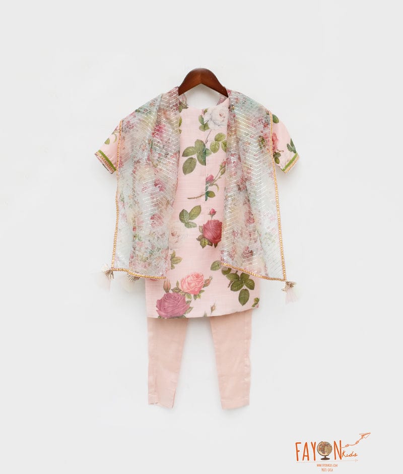 Peach Floral Peach Cotton Silk Chudidar with Kurti Printed Organza Dupatta for Girls