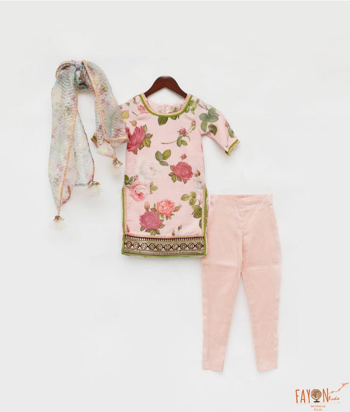 Peach Floral Peach Cotton Silk Chudidar with Kurti Printed Organza Dupatta for Girls