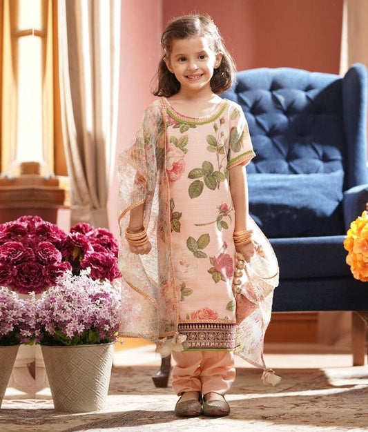 Peach Floral Peach Cotton Silk Chudidar with Kurti Printed Organza Dupatta for Girls