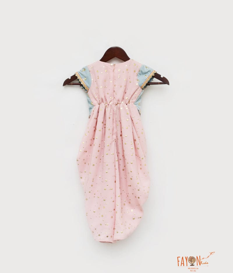 Peach Foil Georgette Blue Velvet Jacket Dhoti Set for Girls