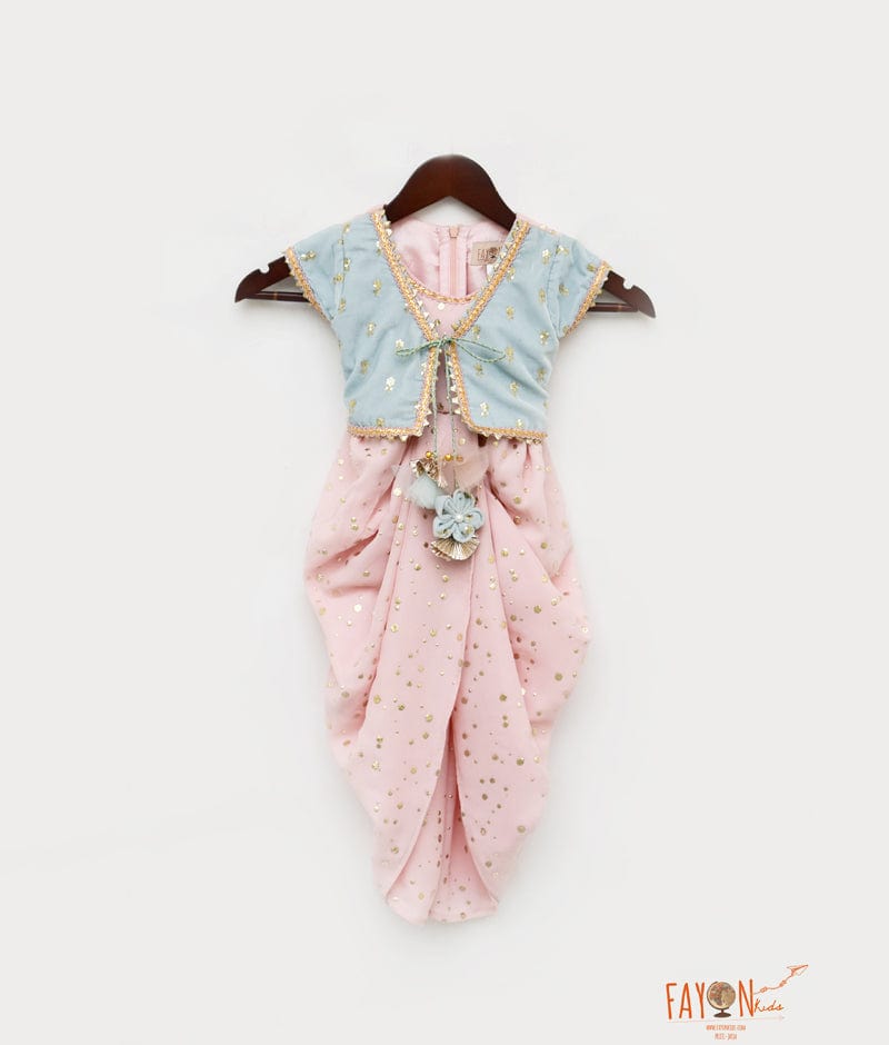 Peach Foil Georgette Blue Velvet Jacket Dhoti Set for Girls
