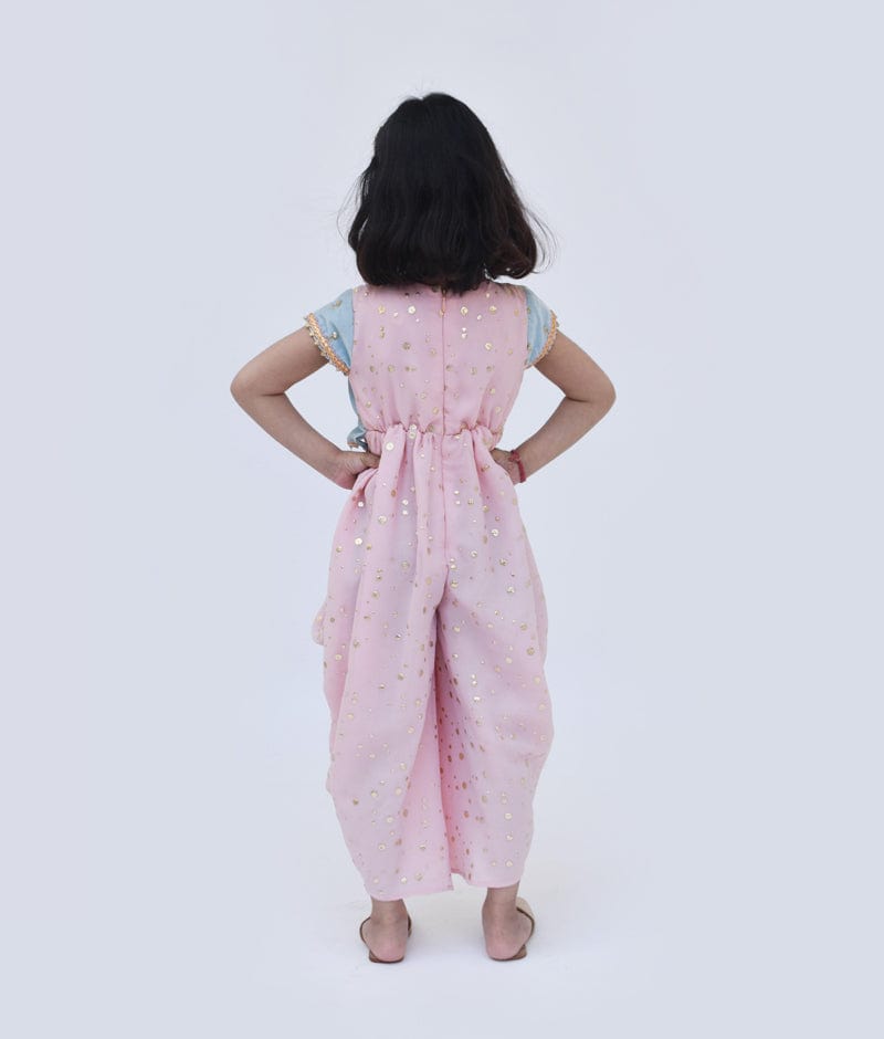 Peach Foil Georgette Blue Velvet Jacket Dhoti Set for Girls