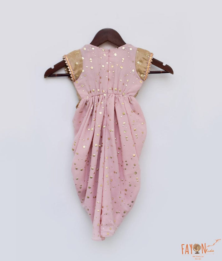 Peach Foil Georgette Golden Jacket Dhoti Set for Girls