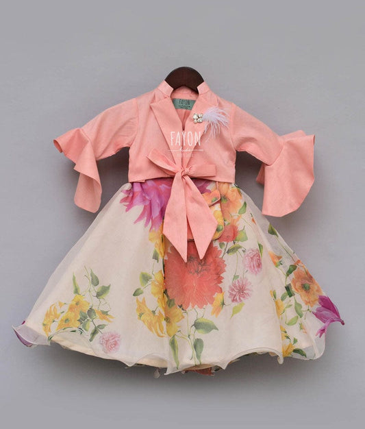 Peach Ivory Organza Printed Lehenga with Knotted Top for Girls