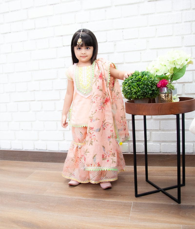 Peach Kurti with Kotta Print Sharara and Printed Kotta Dupatta for Girls