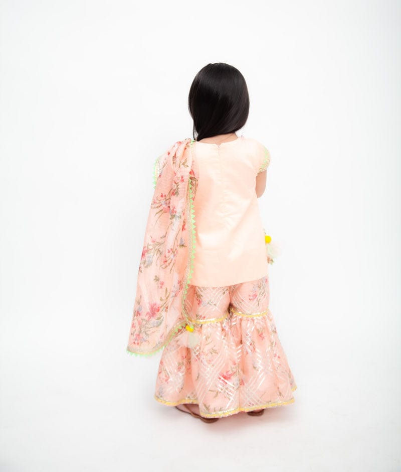 Peach Kurti with Kotta Print Sharara and Printed Kotta Dupatta for Girls