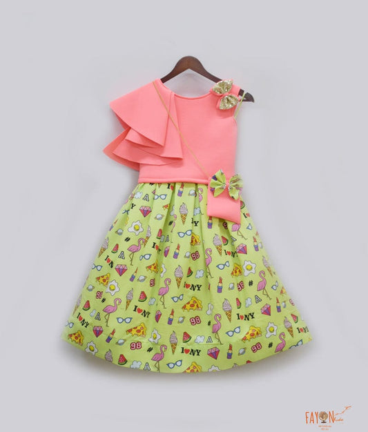 Peach Lycra Green Printed Crop Top with Skirt for Girls