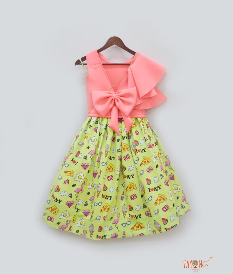 Peach Lycra Green Printed Crop Top with Skirt for Girls