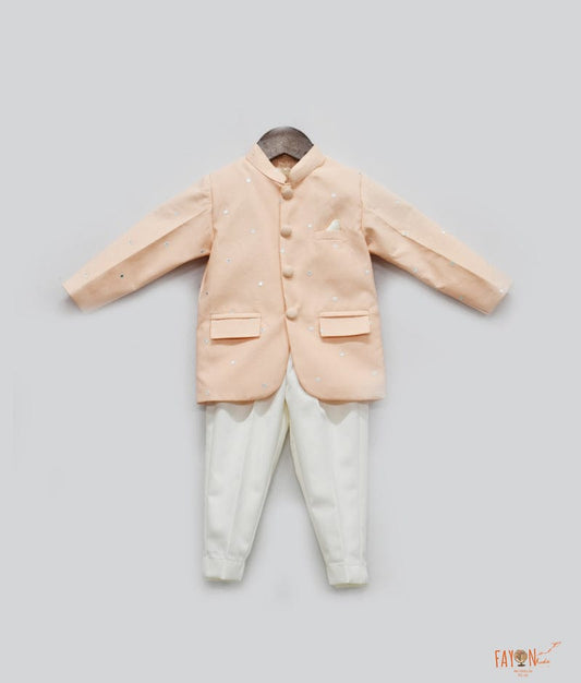 Peach Mirror Embroidered Bandgala with Pant for Boys