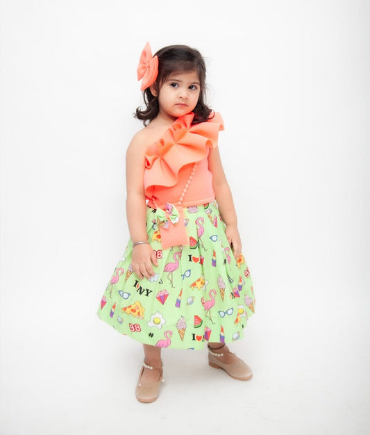 Peach Neoprene Green Printed Crop Top with Skirt for Girls
