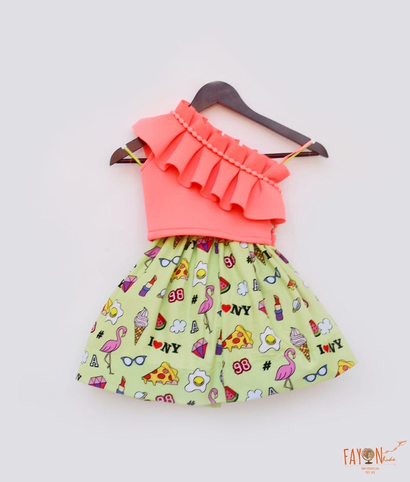 Peach Neoprene Green Printed Crop Top with Skirt for Girls