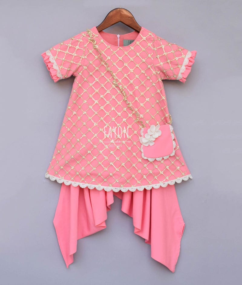 Peach Net Sequence Dhoti Set for Girls