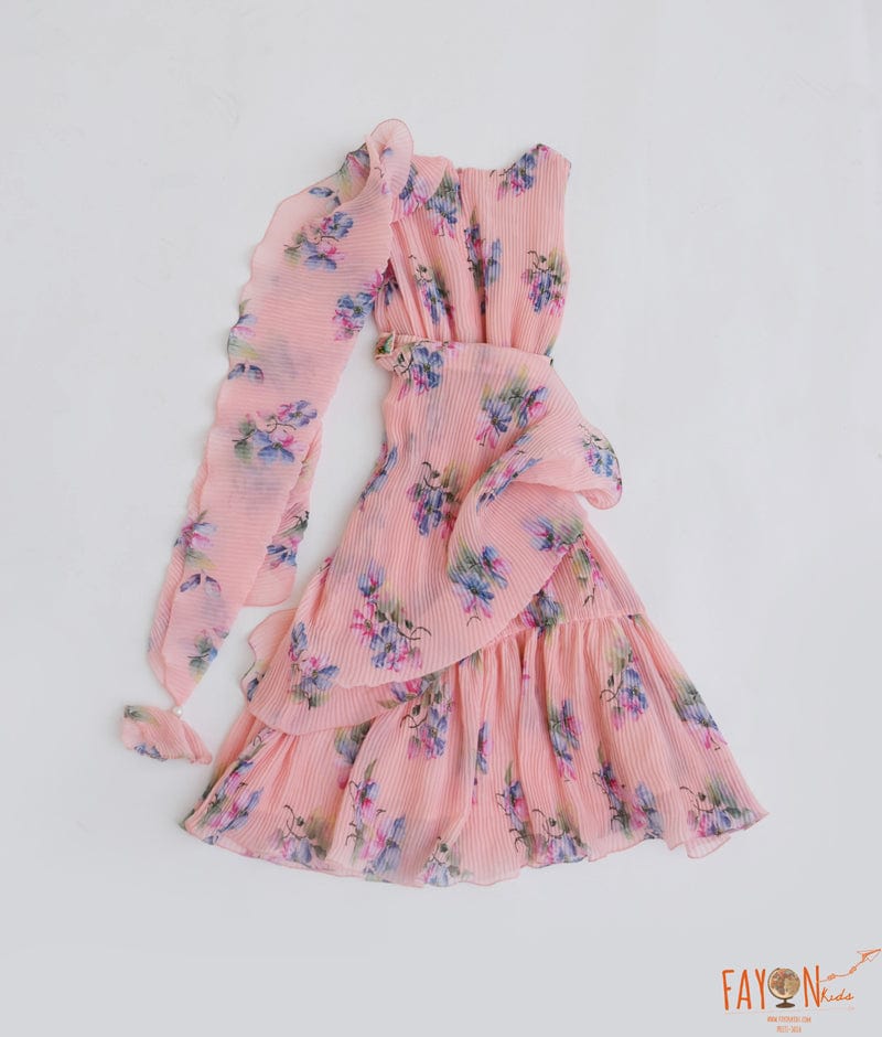 Peach Pleated Georgette Print Dress for Girls