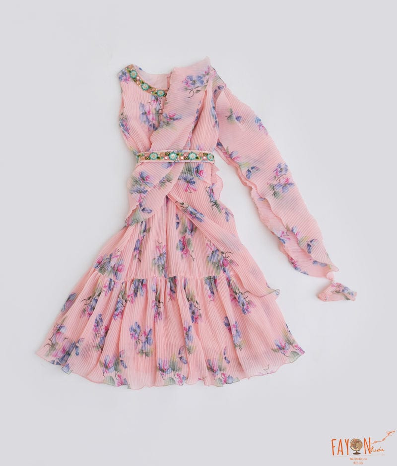Peach Pleated Georgette Print Dress for Girls