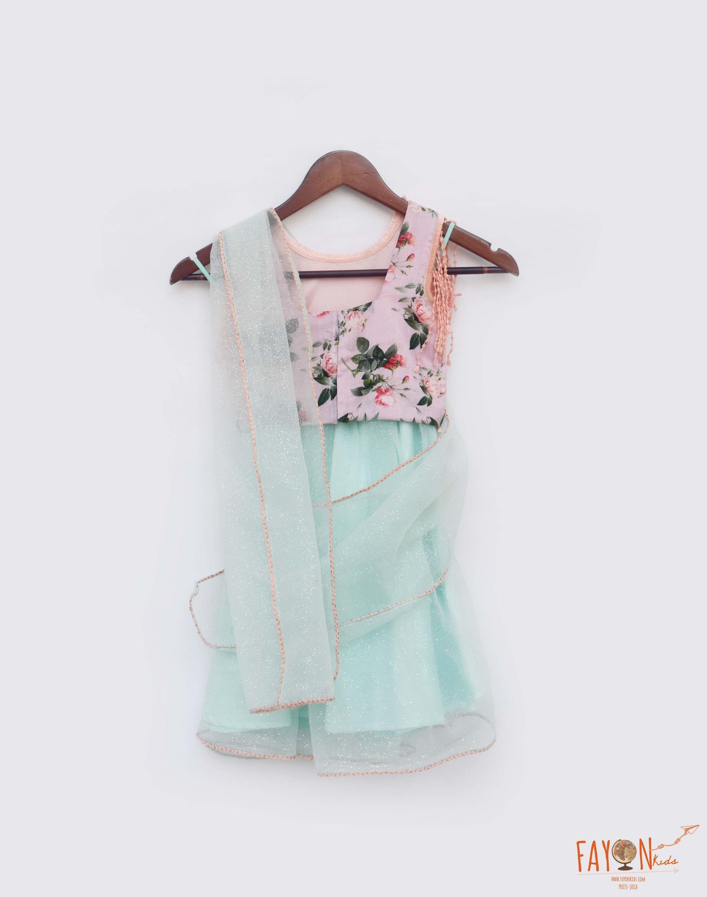 Peach Printed Choli Glitter Organza Lehenga Saree