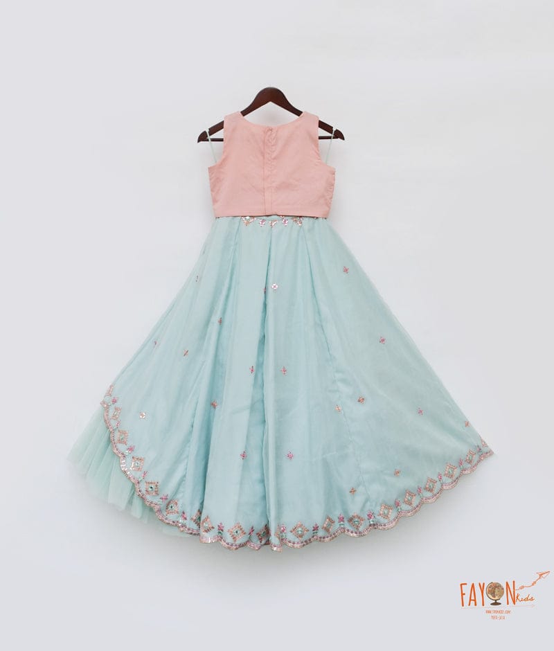 Peach Sequins Blue Organza and Net Lehenga with Choli for Girls