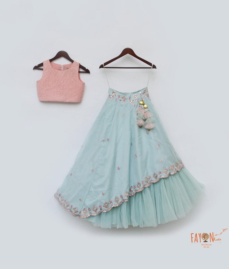 Peach Sequins Blue Organza and Net Lehenga with Choli for Girls