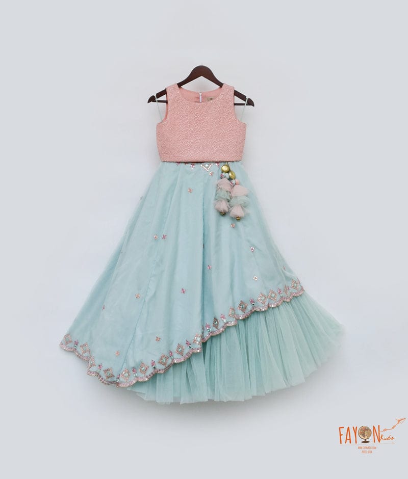 Peach Sequins Blue Organza and Net Lehenga with Choli for Girls