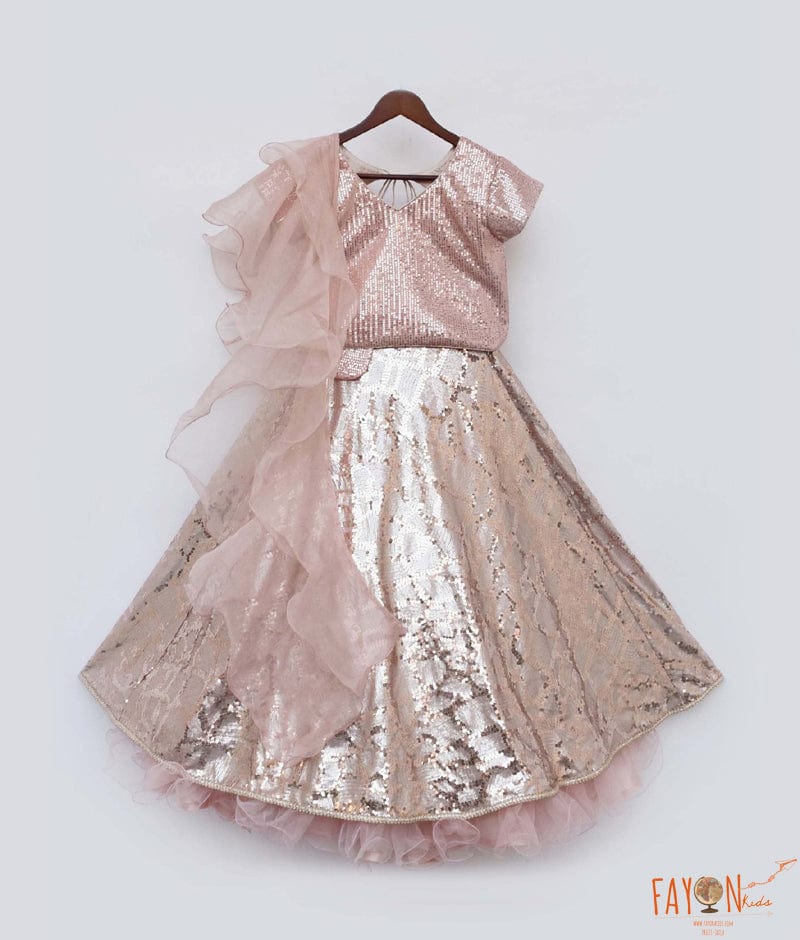 Peach Sequins Embroidery Lehenga with Choli Organza Dupatta for Girls