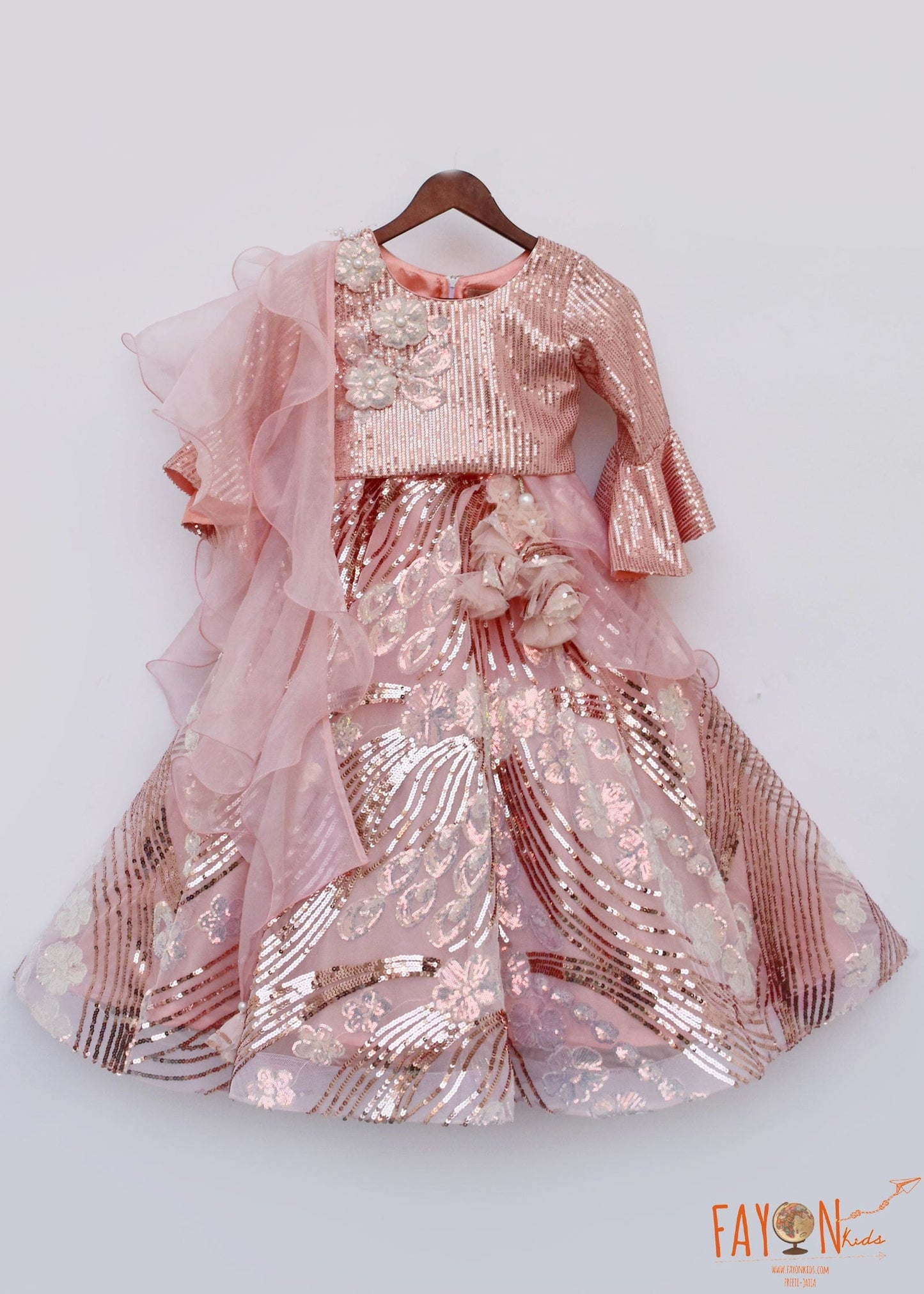 Peach Sequins Lehenga Choli Organza Dupatta for Girls
