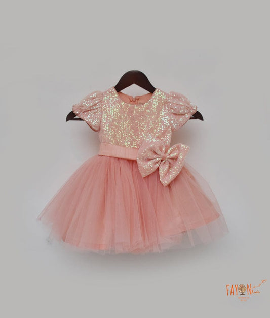 Peach Sequins Net Frock for Girls