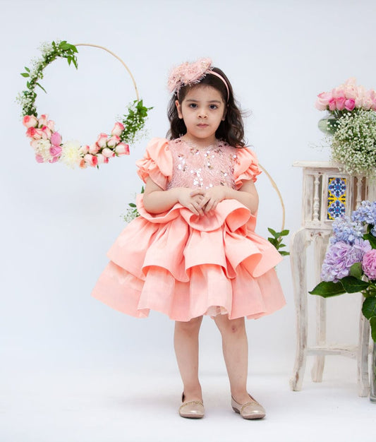 Peach Sequins Tassel Frock for Girls