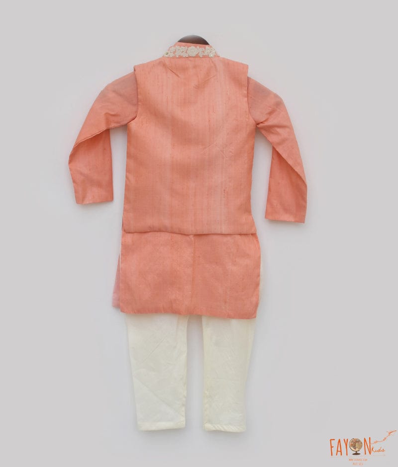 Peach Silk Kurta Jacket and Chudidar for Boys