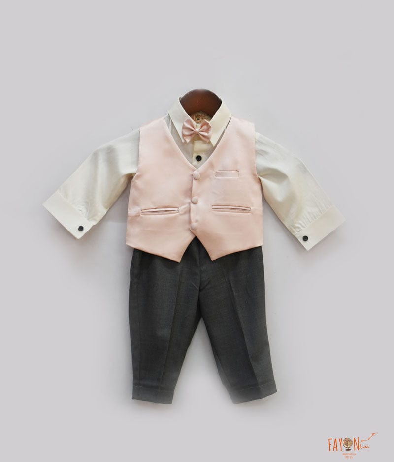 Peach Waist Coat with Off white Shirt and Black Pant for Boys