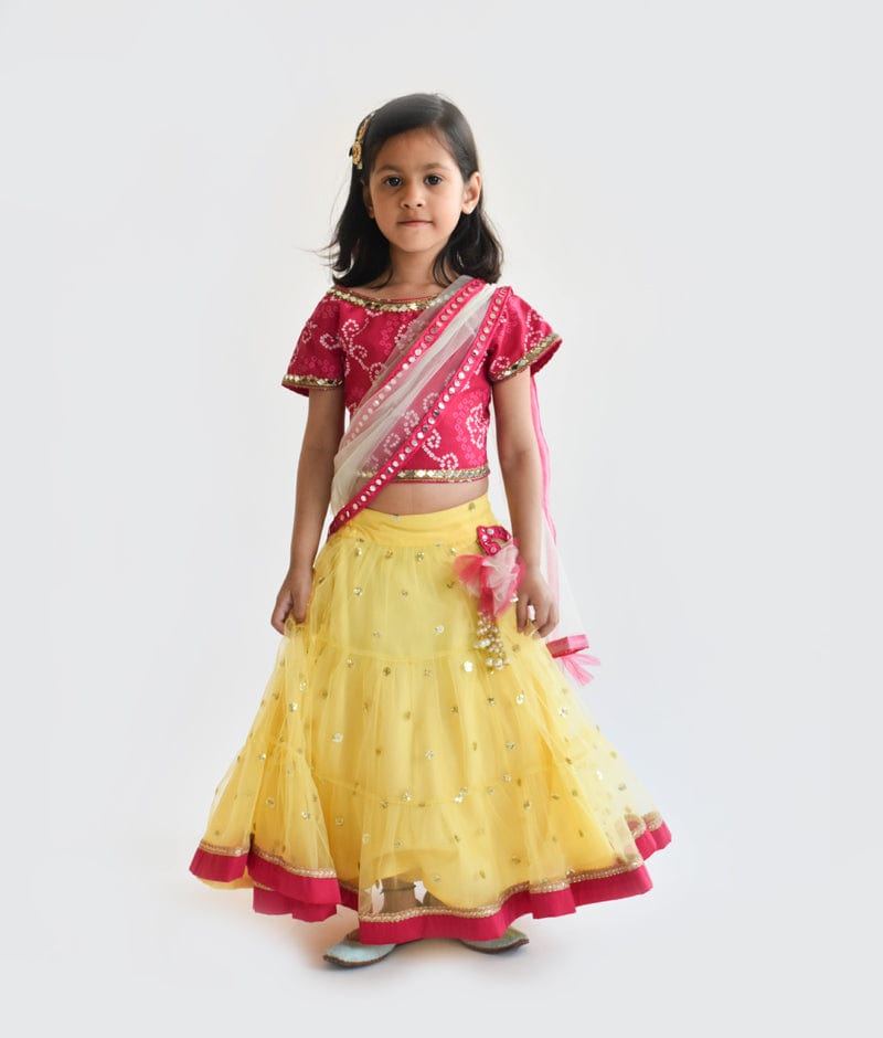 Fayon Kids Pink and Yellow Cotton Net Boti Lehenga with Choli and Dupatta Set for Girls