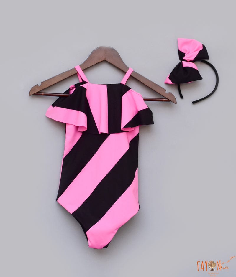 Pink Black Striped Swim Wear Swim Wear for Girls
