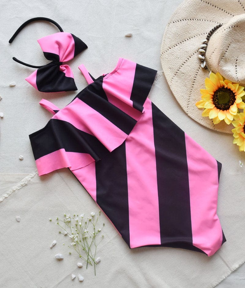 Pink Black Striped Swim Wear Swim Wear for Girls
