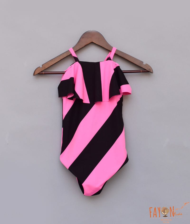 Pink Black Striped Swim Wear Swim Wear for Girls