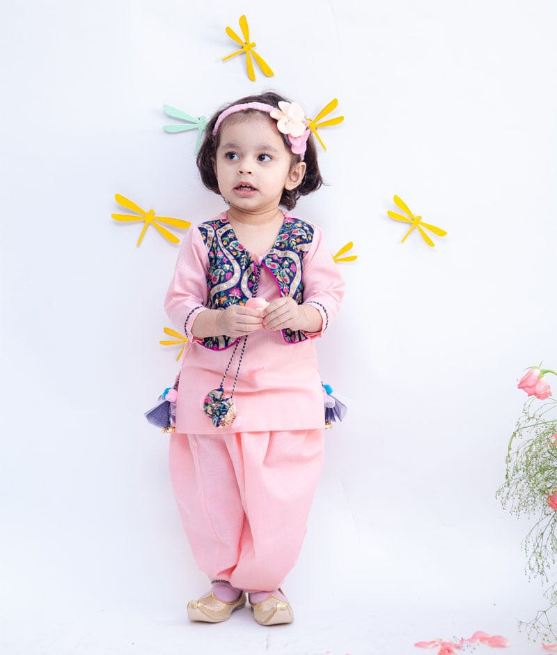 Pink Cotton Blue Velvet Jacket Dhoti Set for Girls