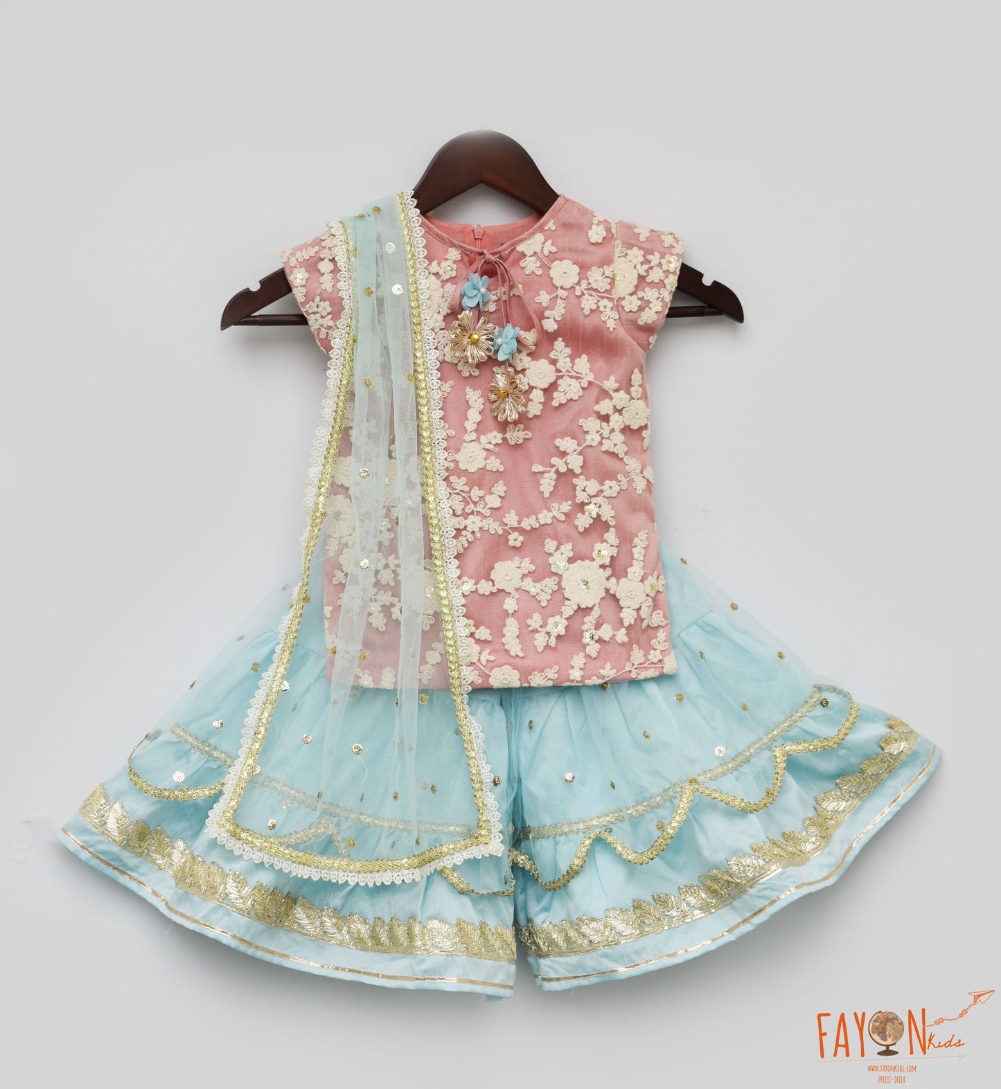 Peach Printed Sharara with Kurti for Girls