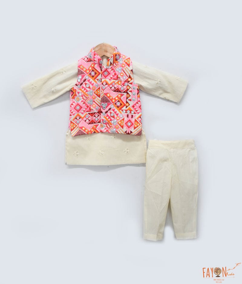 Pink Embroidery Jacket and Off white Kurta Pant for Boys