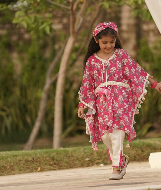 Pink Floral Print Kaftan and Pant for Girls