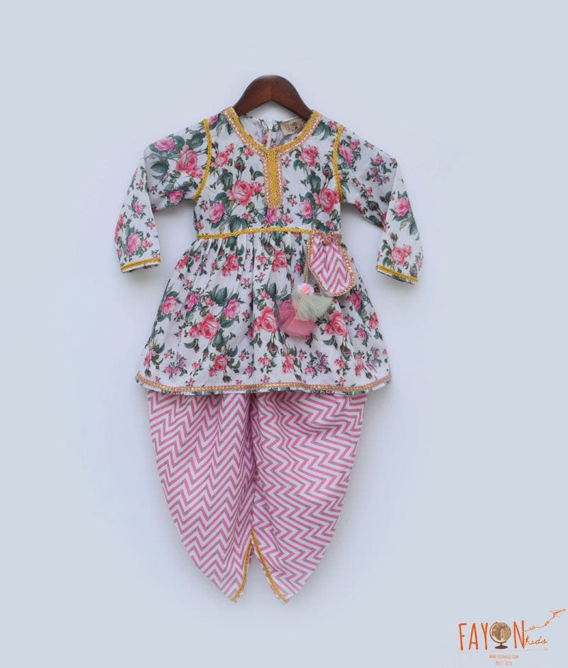 Pink Floral Print Peplum and Dhoti for Girls